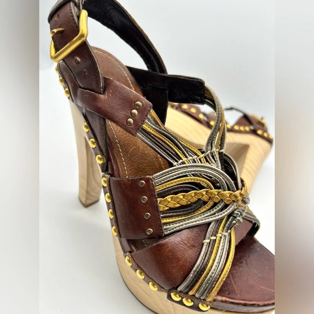 Miu Miu 36 Heel Sling Clog Wedge Platform Stud Brown Leather Wood Y2k boho tall - Picture 9 of 15